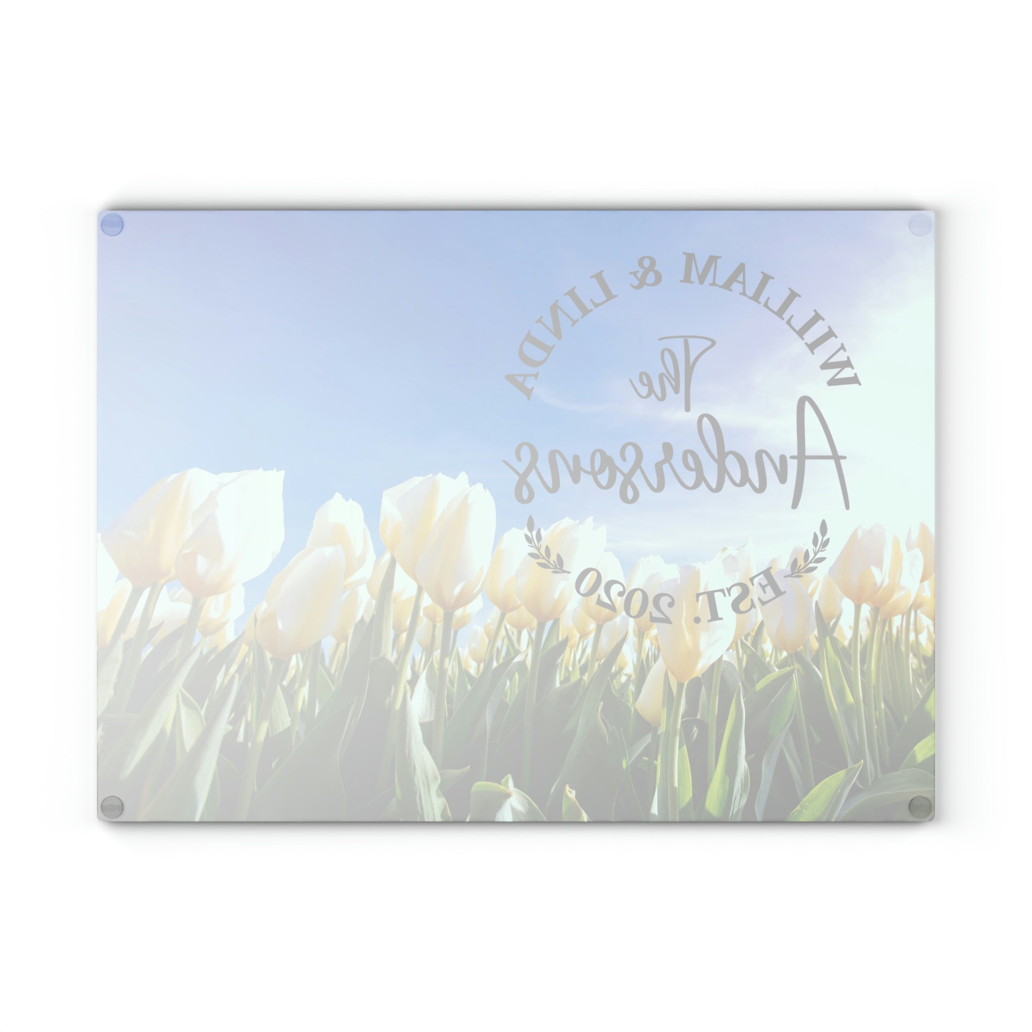 Personalized Yellow Tulips Glass Cutting Board – 20 Custom Designs | Tempered Glass, Housewarming, Wedding & Real Estate Gifts | Available in 2 Sizes: 8x11 & 11x15 - DESIGN 20