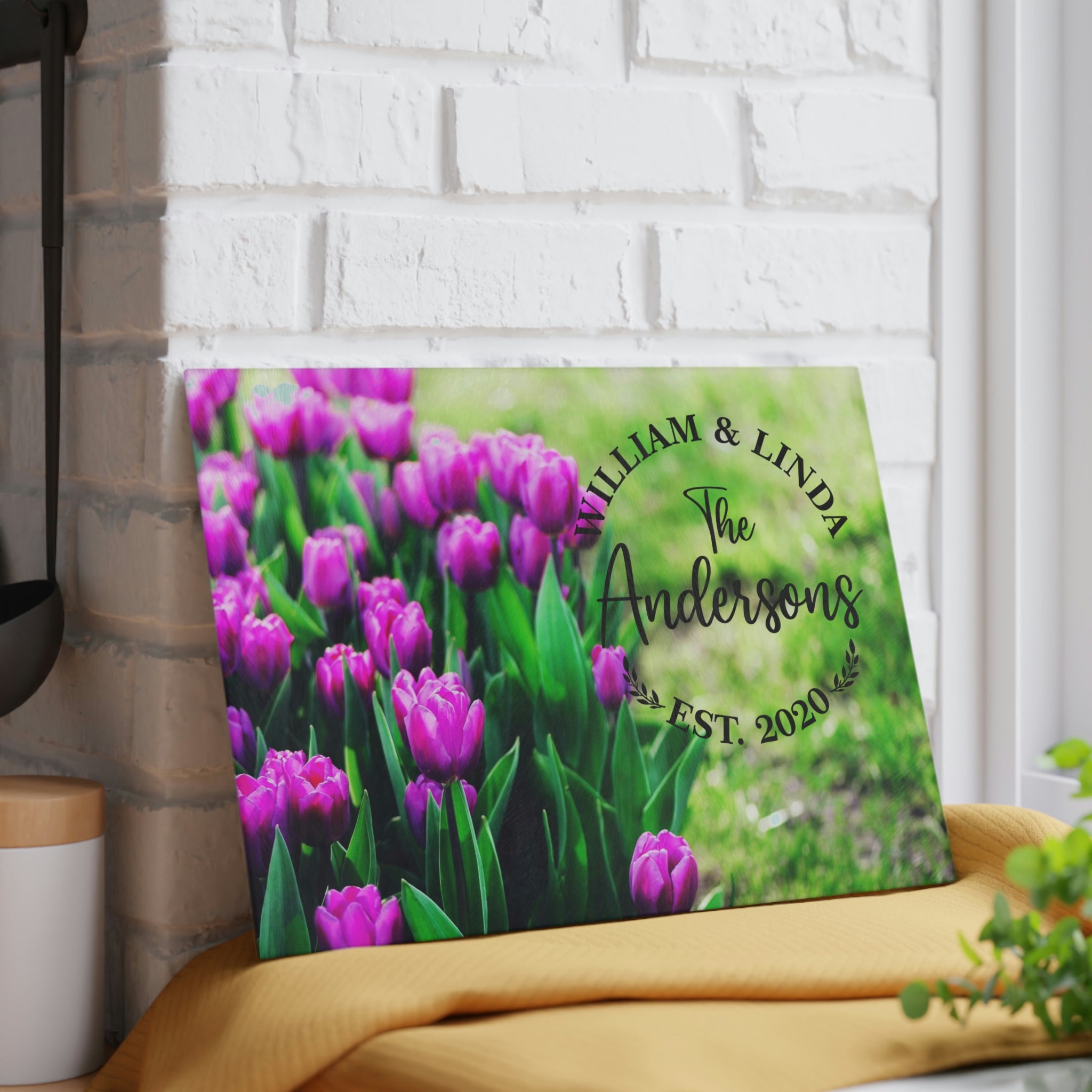 Personalized Purple Tulips Glass Cutting Board – 20 Custom Designs, Tempered Glass, Housewarming, Wedding & Real Estate Gifts - Available in 2 Sizes: 8x11 & 11x15  - DESIGN 19