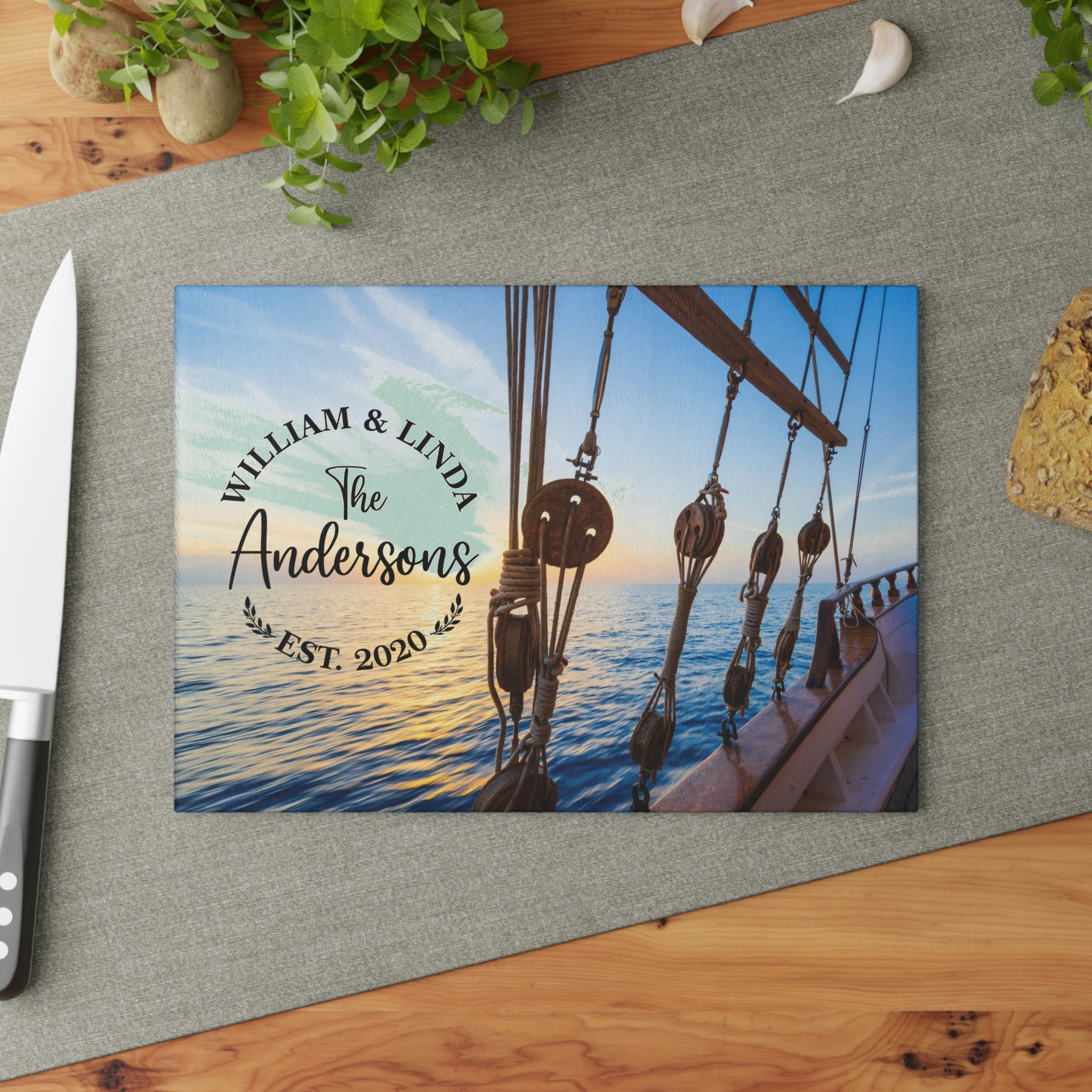 Personalized Ship Rope Tackle Glass Cutting Board – 20 Custom Designs, Tempered Glass, Housewarming, Wedding & Real Estate Gifts - Available in 2 Sizes: 8x11 & 11x15 - DESIGN 13