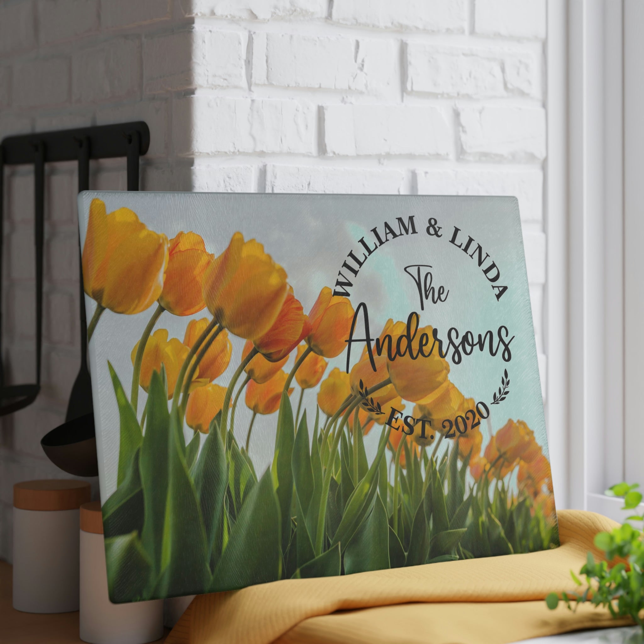 Personalized Orange Tulips Glass Cutting Board – 20 Custom Designs | Tempered Glass, Housewarming, Wedding & Real Estate Gifts | Available in 2 Sizes: 8x11 & 11x15 - DESIGN 18