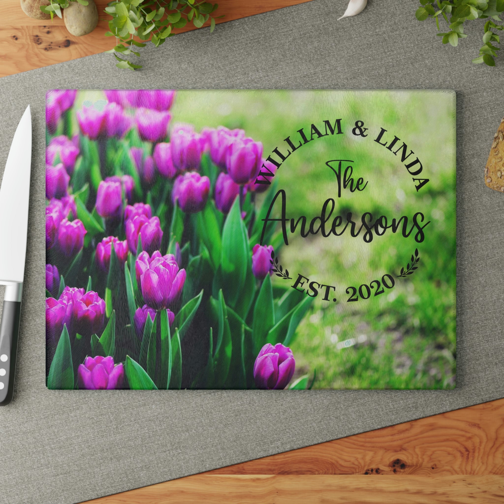 Personalized Purple Tulips Glass Cutting Board – 20 Custom Designs, Tempered Glass, Housewarming, Wedding & Real Estate Gifts - Available in 2 Sizes: 8x11 & 11x15  - DESIGN 19