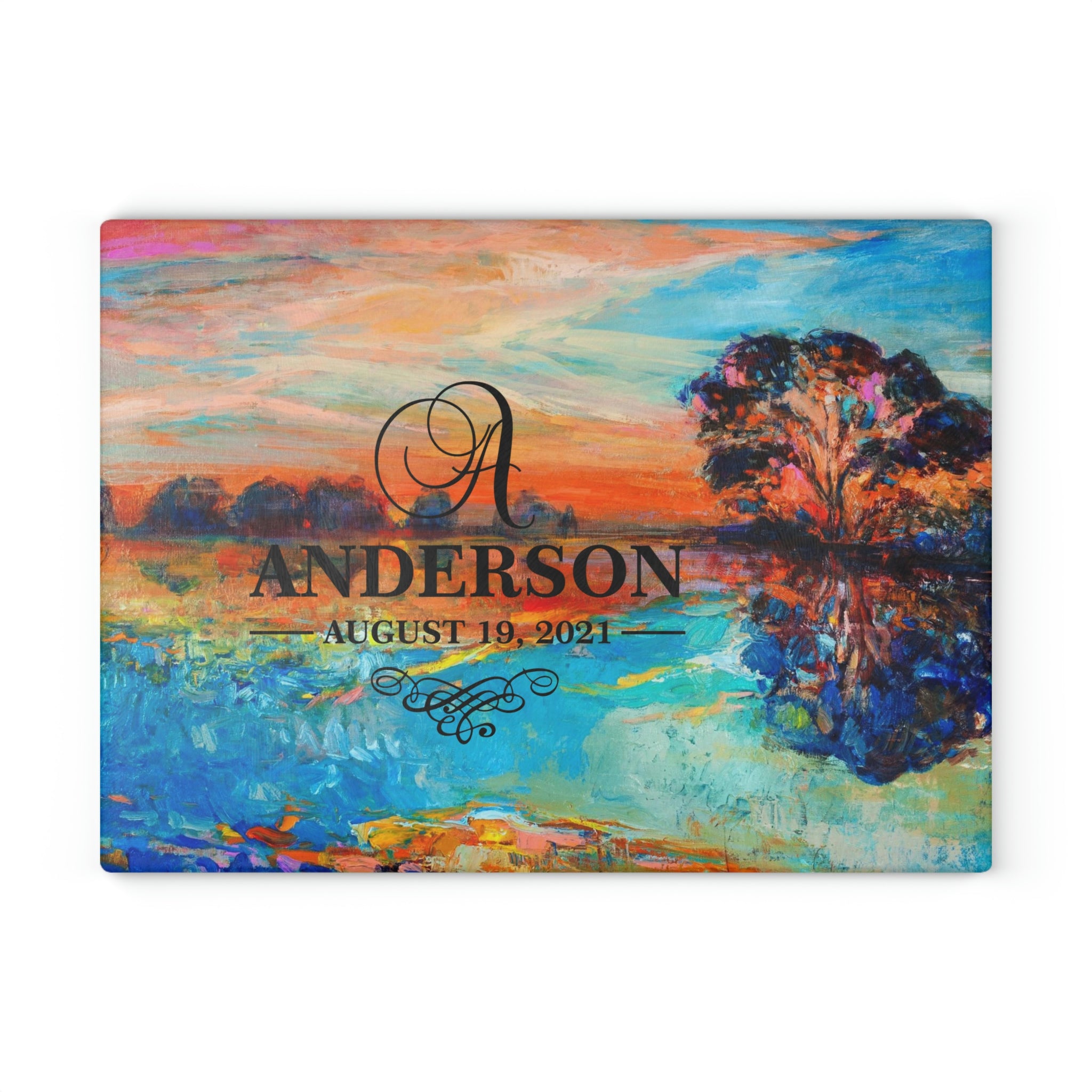 Personalized Lake Tree Sunrise Glass Cutting Board – 20 Custom Designs, Tempered Glass, Housewarming, Wedding & Real Estate Gifts - Available in 2 Sizes: 8x11 & 11x15 - DESIGN 3