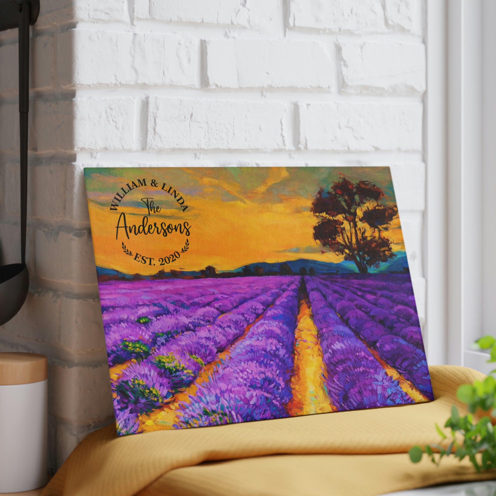 Personalized Lavender Fields Glass Cutting Board – 20 Custom Designs, Tempered Glass, Housewarming, Wedding & Real Estate Gifts - Available in 2 Sizes: 8x11 & 11x15  - DESIGN 2