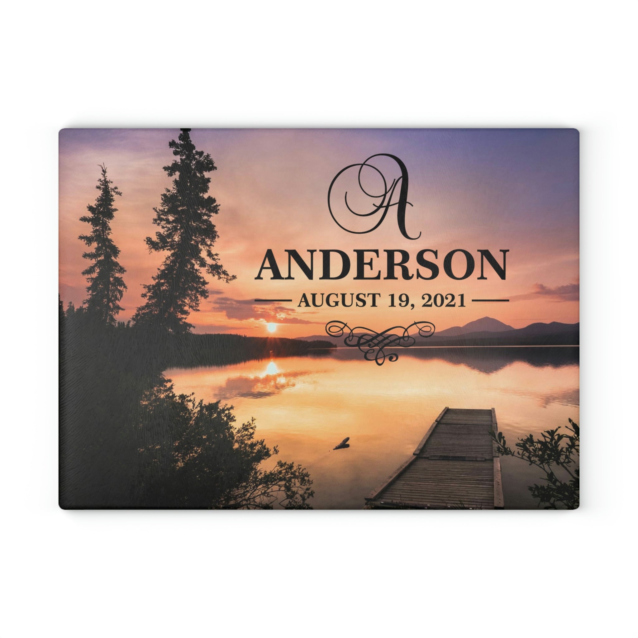 Personalized Lake Sunset Glass Cutting Board – 20 Custom Designs, Tempered Glass, Housewarming, Wedding & Real Estate Gifts - Available in 2 Sizes: 8x11 & 11x15  - DESIGN 10