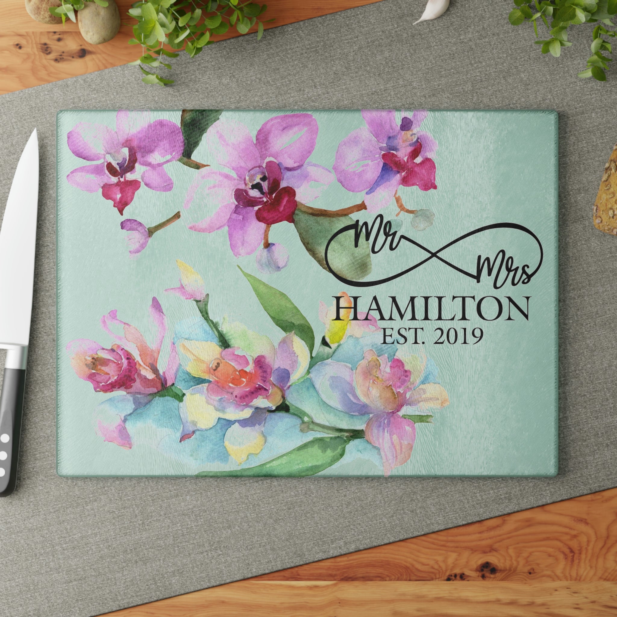 Personalized Lilly Flowers Glass Cutting Board – 20 Custom Designs, Tempered Glass, Housewarming, Wedding & Real Estate Gifts - Available in 2 Sizes: 8x11 & 11x15  - DESIGN 7