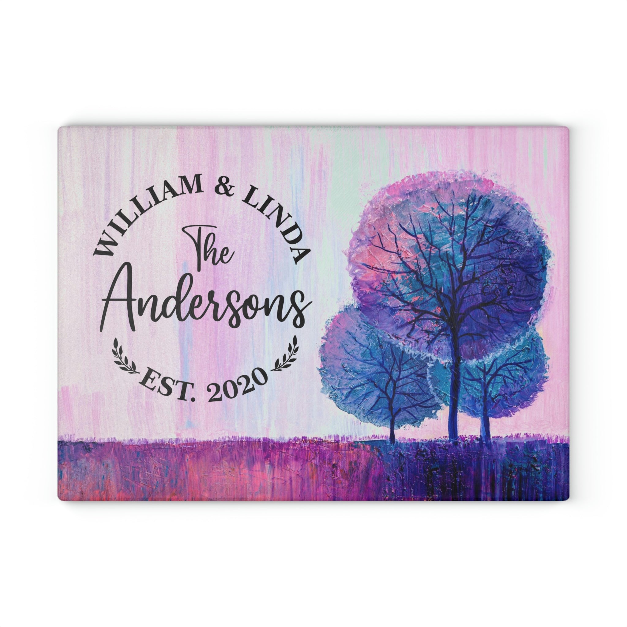 Personalized Purple Trees Glass Cutting Board – 20 Custom Designs, Tempered Glass, Housewarming, Wedding & Real Estate Gifts - Available in 2 Sizes: 8x11 & 11x15  - DESIGN 5