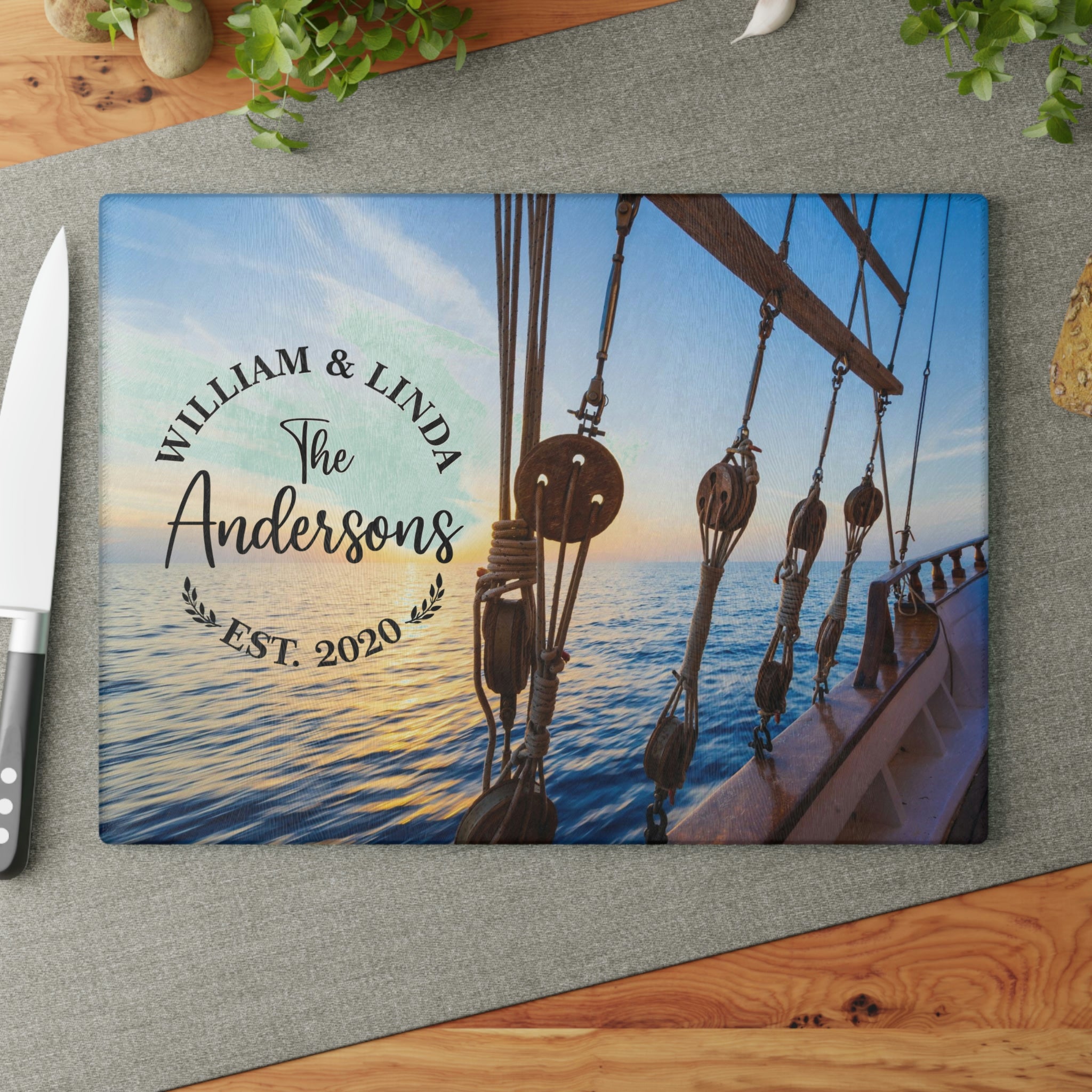 Personalized Ship Rope Tackle Glass Cutting Board – 20 Custom Designs, Tempered Glass, Housewarming, Wedding & Real Estate Gifts - Available in 2 Sizes: 8x11 & 11x15 - DESIGN 13