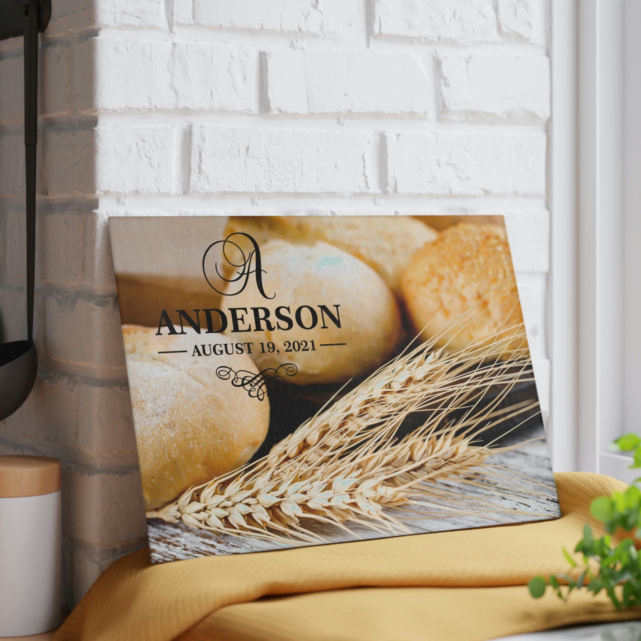 Personalized Bread Wheat Glass Cutting Board – 20 Custom Designs, Tempered Glass, Housewarming, Wedding & Real Estate Gifts - Available in 2 Sizes: 8x11 & 11x15 - DESIGN 16