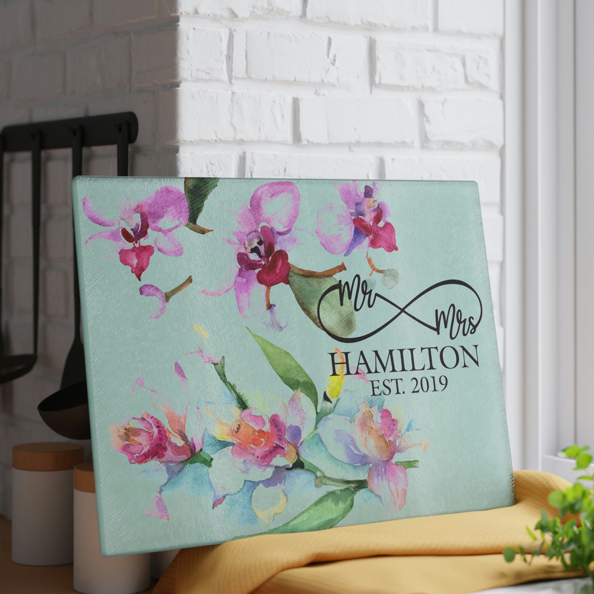 Personalized Lilly Flowers Glass Cutting Board – 20 Custom Designs, Tempered Glass, Housewarming, Wedding & Real Estate Gifts - Available in 2 Sizes: 8x11 & 11x15  - DESIGN 7