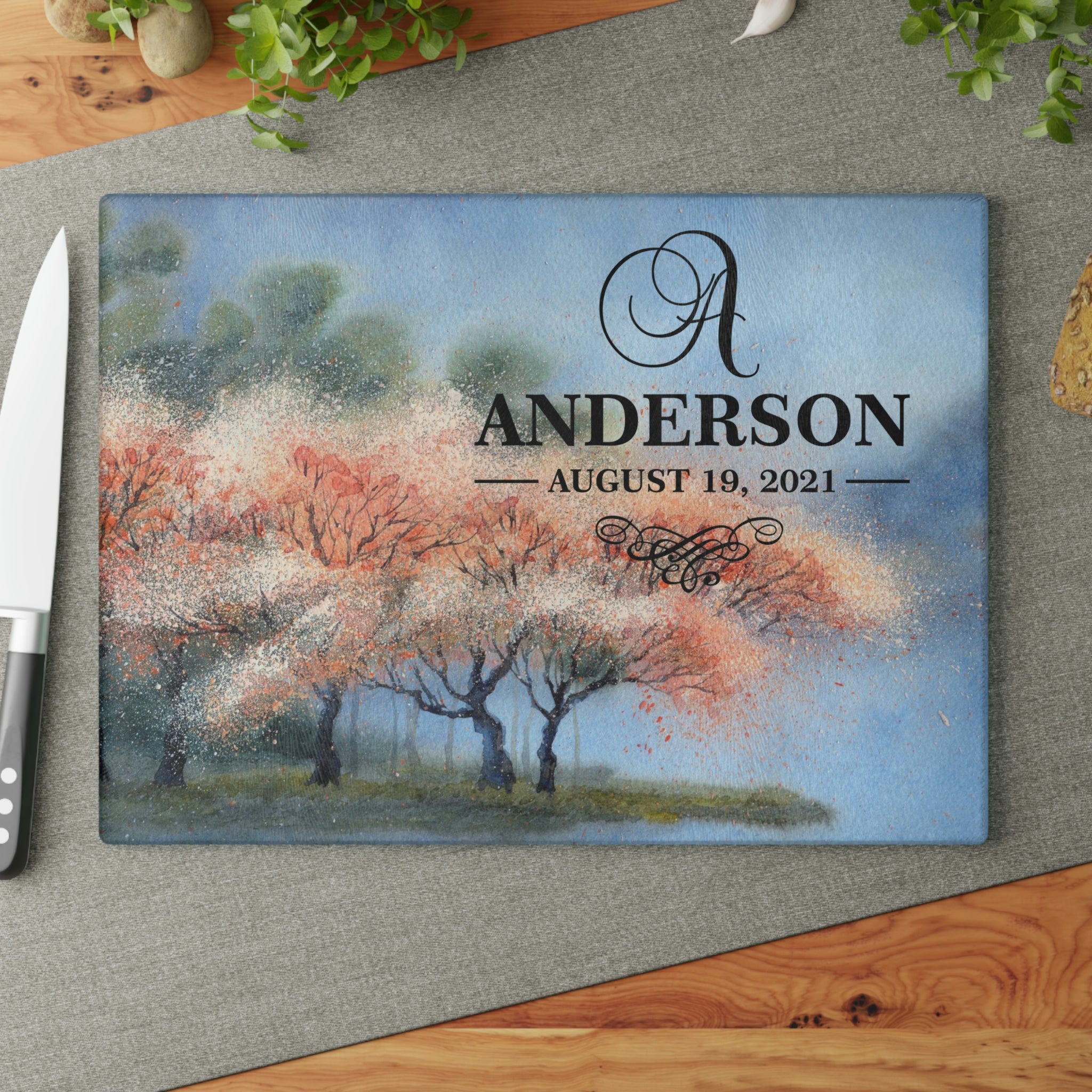 Personalized Cherry Blossom Trees Glass Cutting Board – 20 Custom Designs, Tempered Glass, Housewarming, Wedding & Real Estate Gifts - Available in 2 Sizes: 8x11 & 11x15  - DESIGN 4