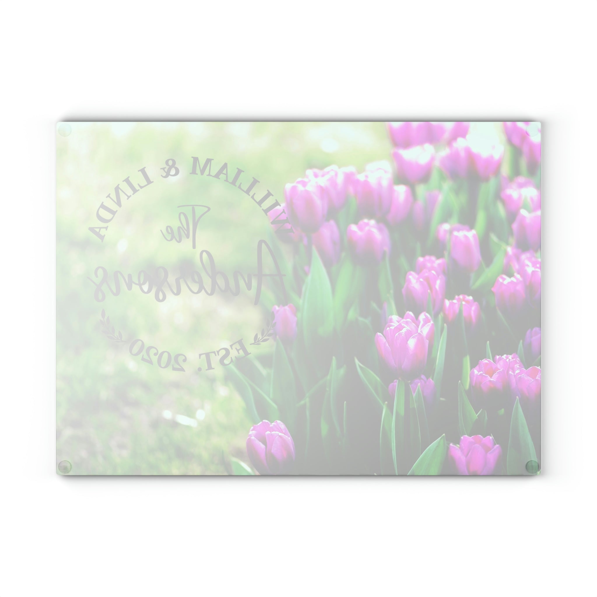 Personalized Purple Tulips Glass Cutting Board – 20 Custom Designs, Tempered Glass, Housewarming, Wedding & Real Estate Gifts - Available in 2 Sizes: 8x11 & 11x15  - DESIGN 19