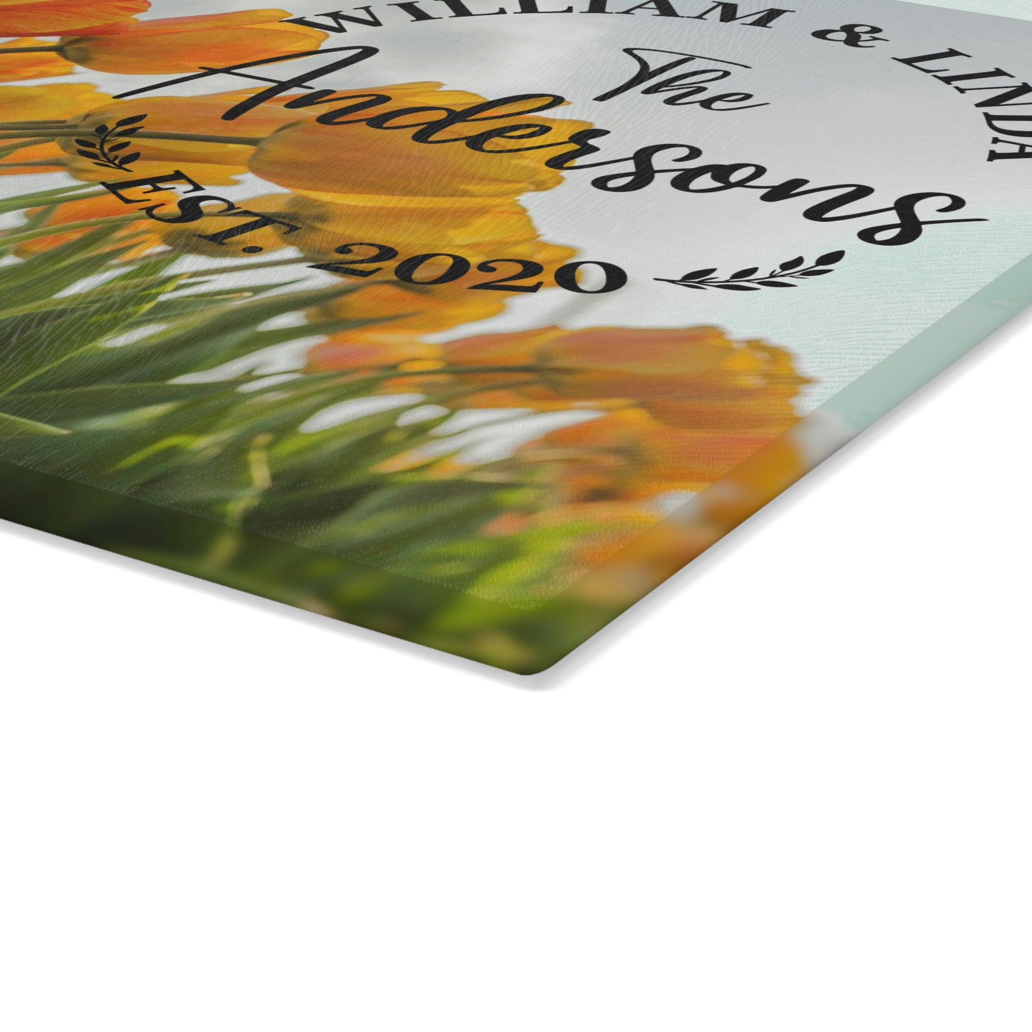 Personalized Orange Tulips Glass Cutting Board – 20 Custom Designs | Tempered Glass, Housewarming, Wedding & Real Estate Gifts | Available in 2 Sizes: 8x11 & 11x15 - DESIGN 18