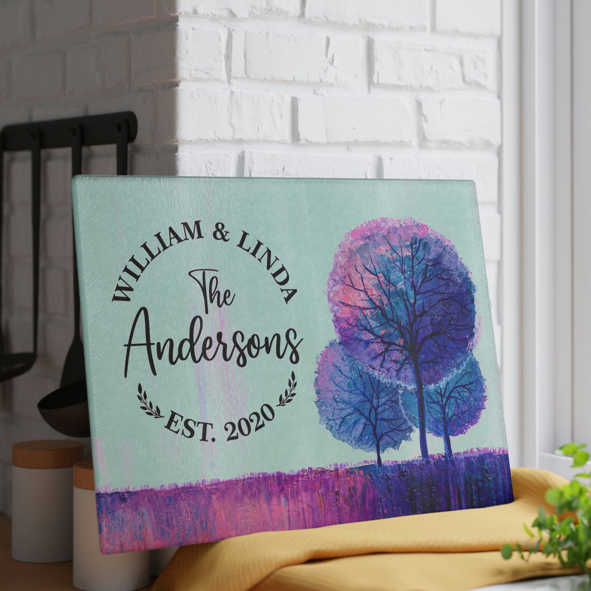 Personalized Purple Trees Glass Cutting Board – 20 Custom Designs, Tempered Glass, Housewarming, Wedding & Real Estate Gifts - Available in 2 Sizes: 8x11 & 11x15  - DESIGN 5