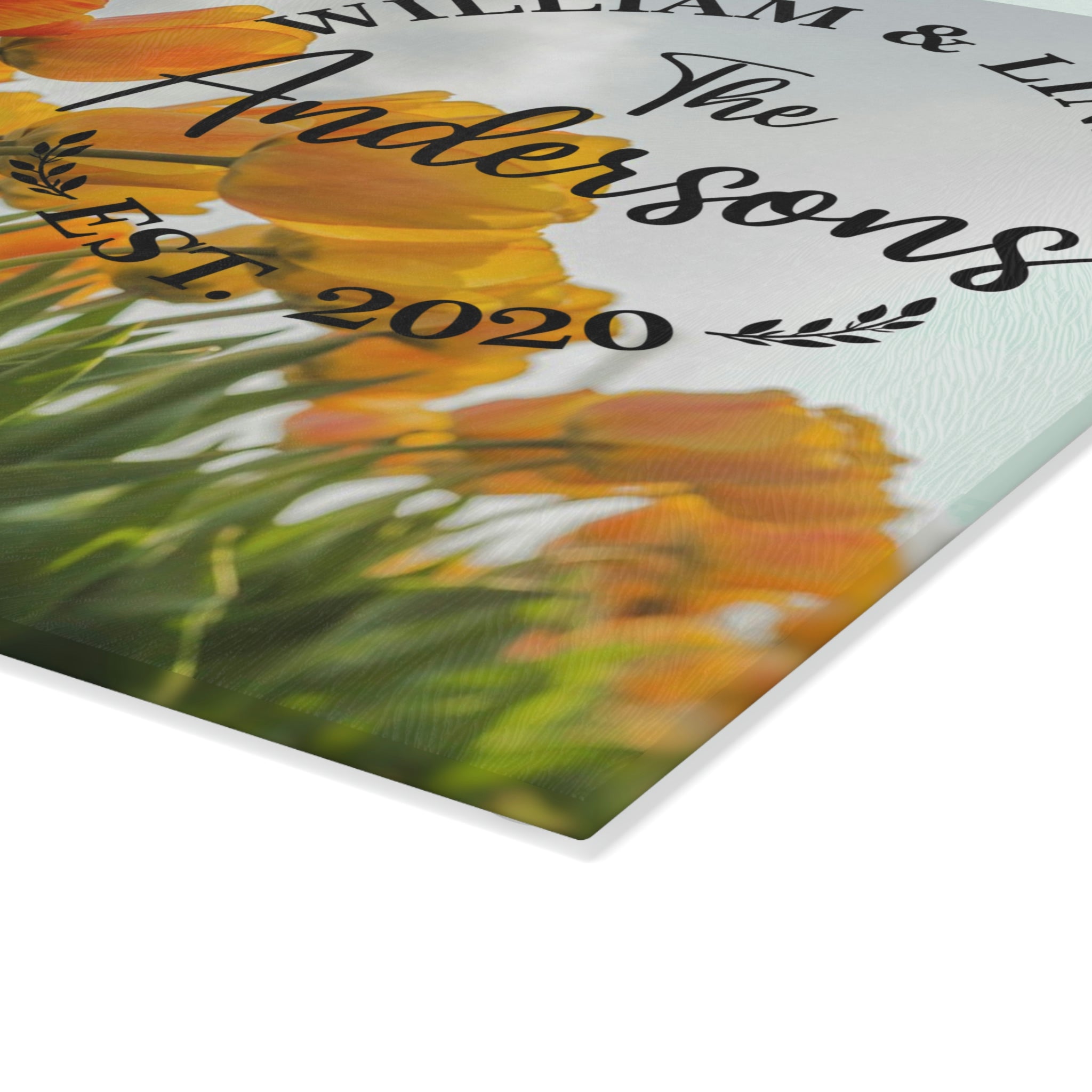 Personalized Orange Tulips Glass Cutting Board – 20 Custom Designs | Tempered Glass, Housewarming, Wedding & Real Estate Gifts | Available in 2 Sizes: 8x11 & 11x15 - DESIGN 18