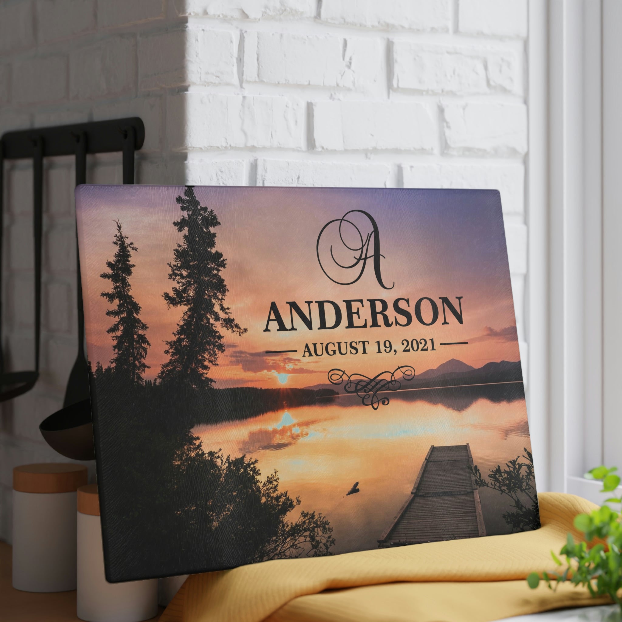 Personalized Lake Sunset Glass Cutting Board – 20 Custom Designs, Tempered Glass, Housewarming, Wedding & Real Estate Gifts - Available in 2 Sizes: 8x11 & 11x15  - DESIGN 10