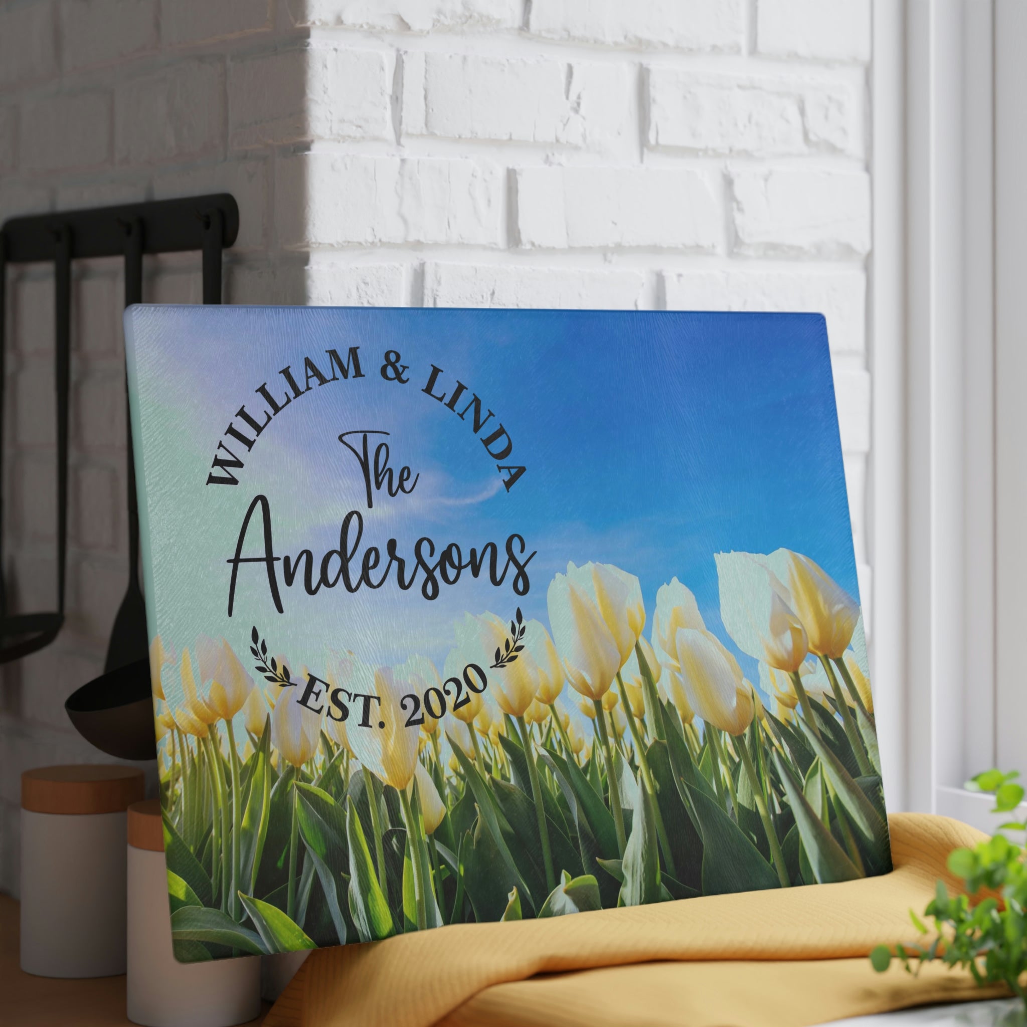 Personalized Yellow Tulips Glass Cutting Board – 20 Custom Designs | Tempered Glass, Housewarming, Wedding & Real Estate Gifts | Available in 2 Sizes: 8x11 & 11x15 - DESIGN 20