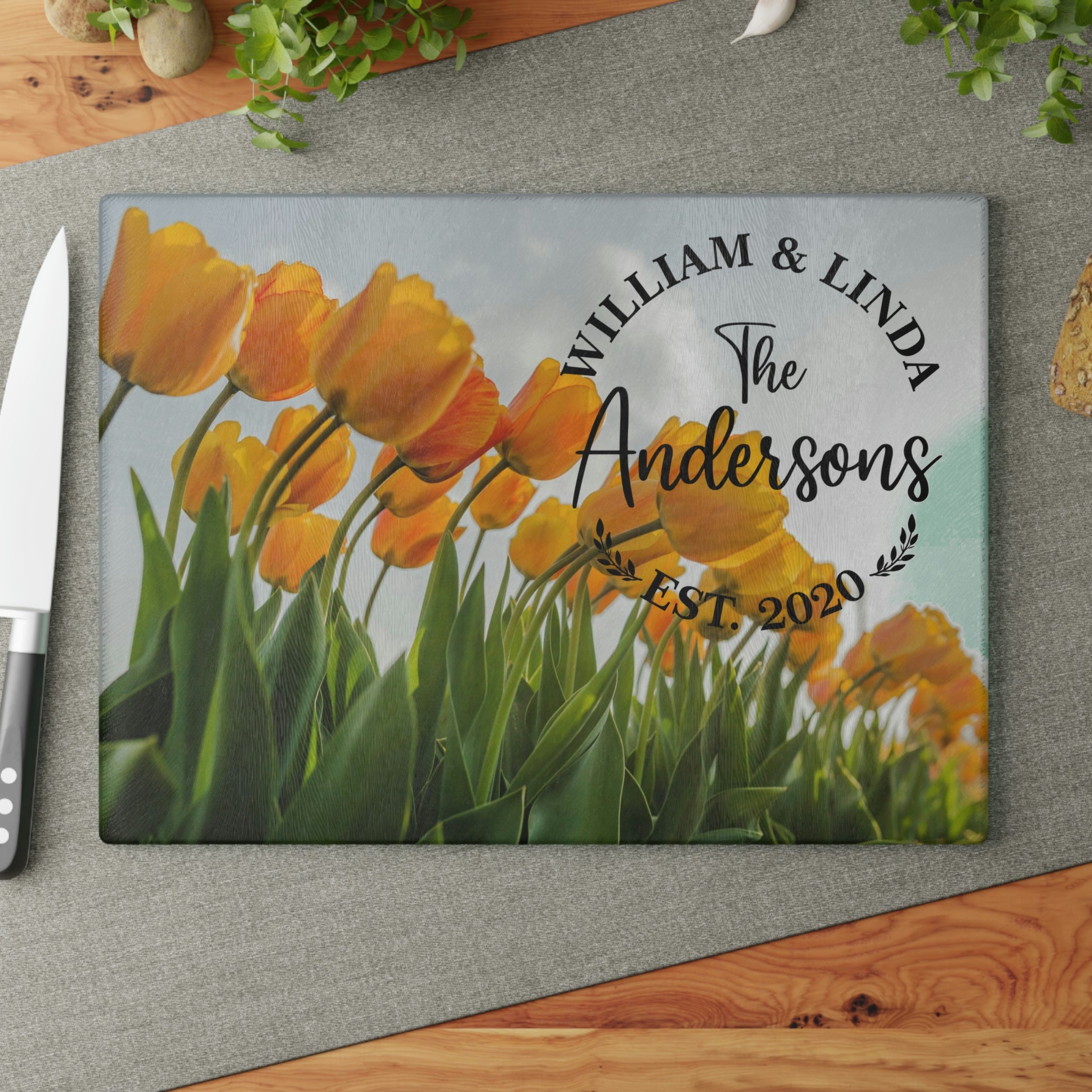 Personalized Orange Tulips Glass Cutting Board – 20 Custom Designs | Tempered Glass, Housewarming, Wedding & Real Estate Gifts | Available in 2 Sizes: 8x11 & 11x15 - DESIGN 18