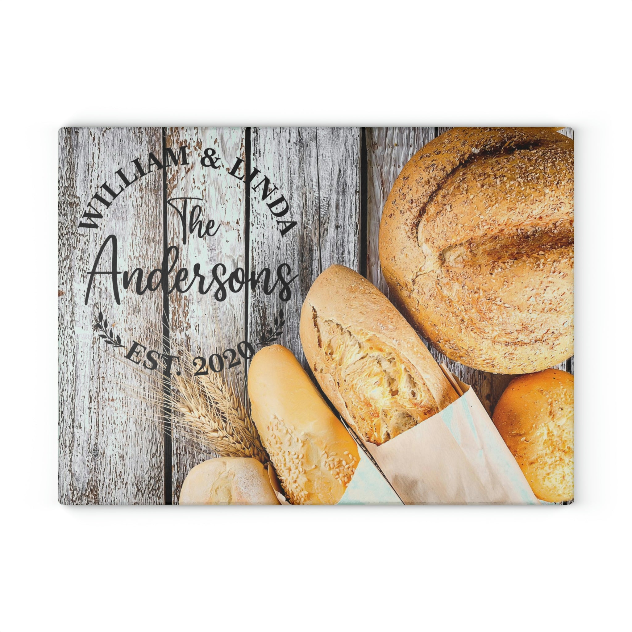 Personalized Bread Loaves Glass Cutting Board – 20 Custom Designs, Tempered Glass, Housewarming, Wedding & Real Estate Gifts - Available in 2 Sizes: 8x11 & 11x15  - DESIGN 17