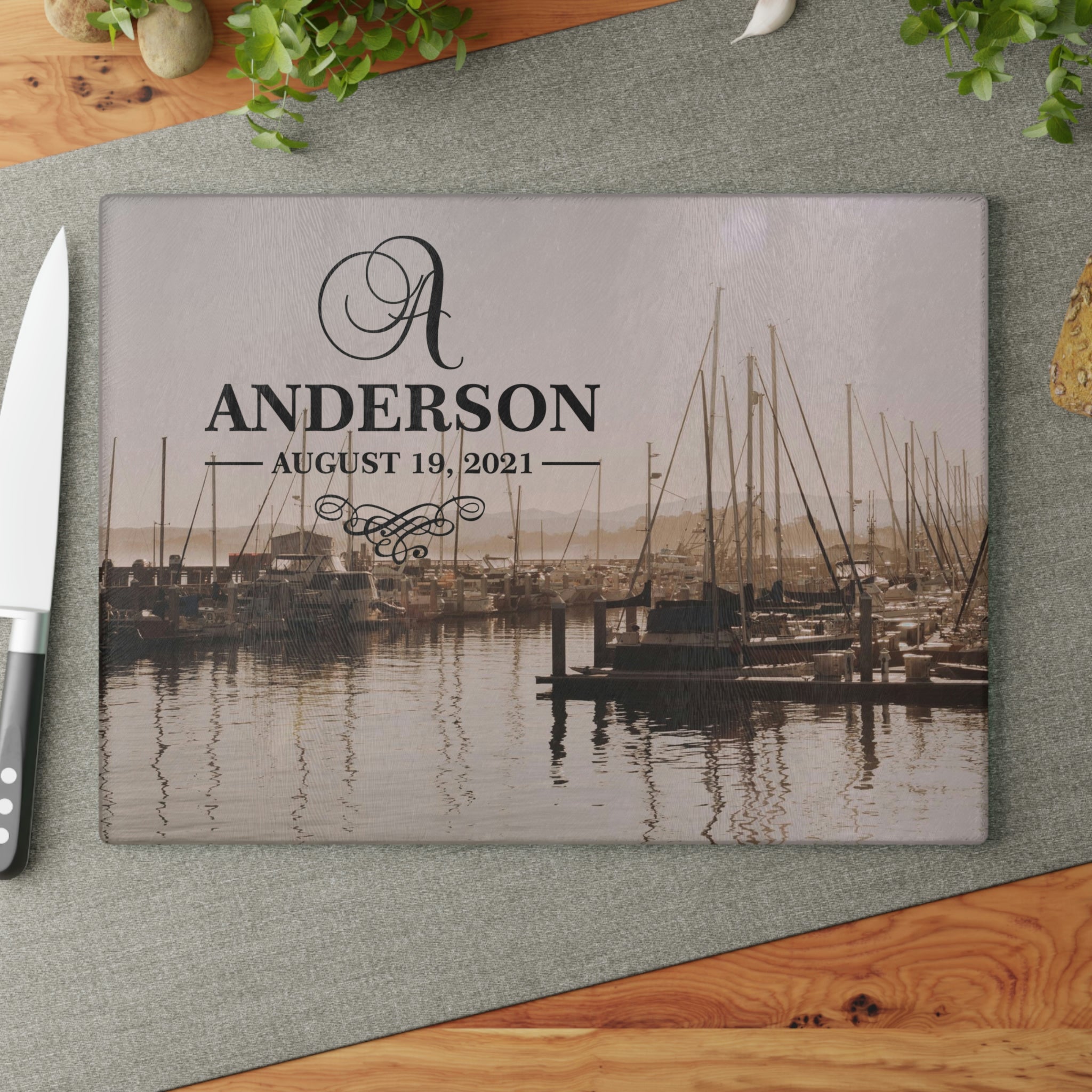 Personalized Sailboat Marina Glass Cutting Board – 20 Custom Designs, Tempered Glass, Housewarming, Wedding & Real Estate Gifts - Available in 2 Sizes: 8x11 & 11x15 - DESIGN 14