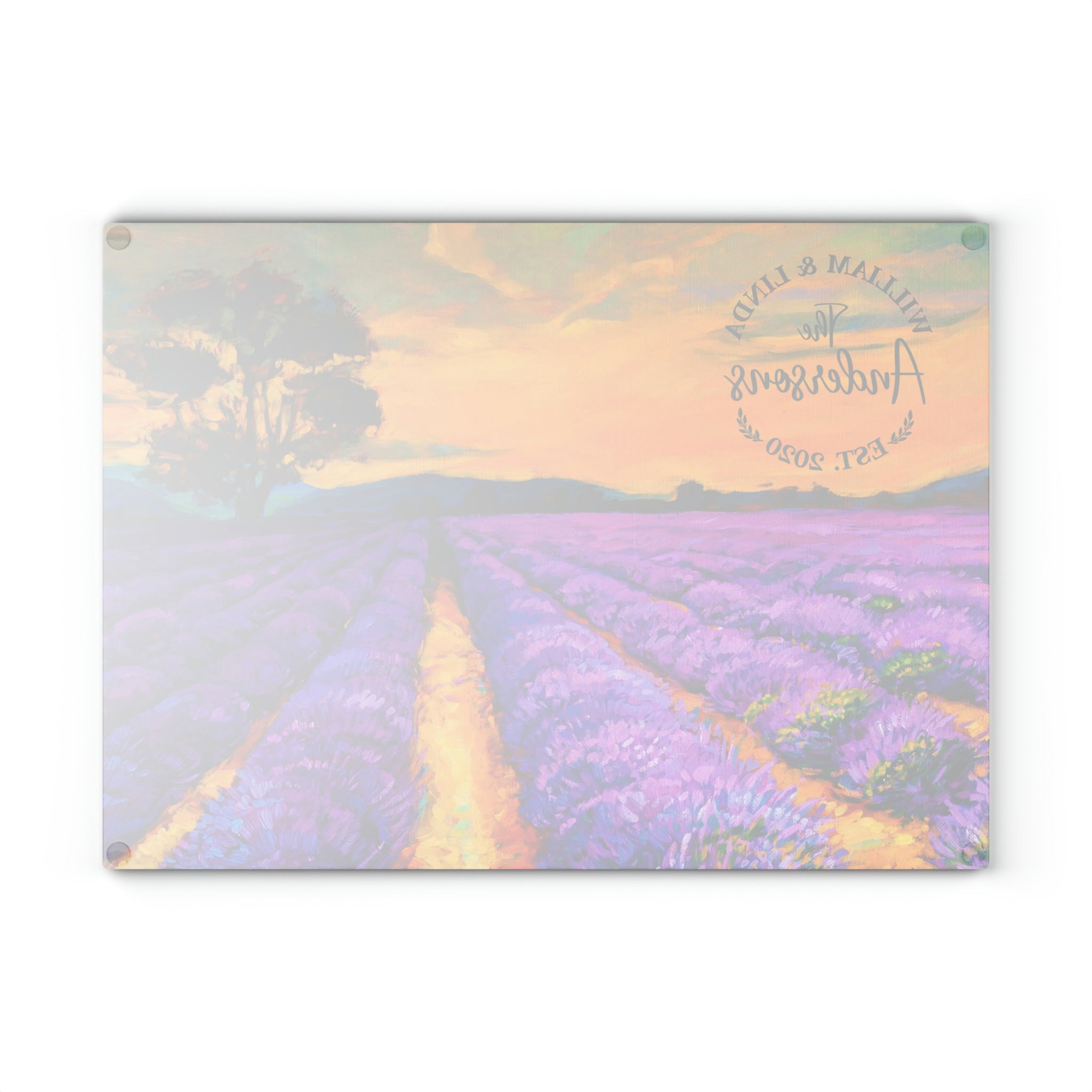 Personalized Lavender Fields Glass Cutting Board – 20 Custom Designs, Tempered Glass, Housewarming, Wedding & Real Estate Gifts - Available in 2 Sizes: 8x11 & 11x15  - DESIGN 2