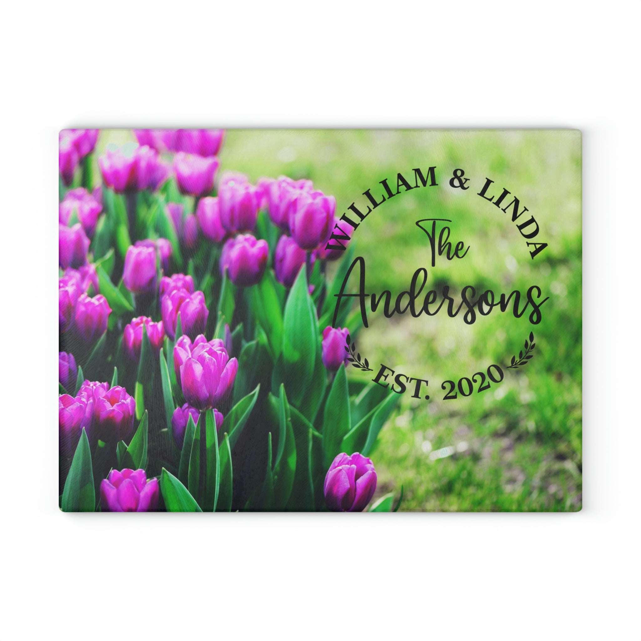 Personalized Purple Tulips Glass Cutting Board – 20 Custom Designs, Tempered Glass, Housewarming, Wedding & Real Estate Gifts - Available in 2 Sizes: 8x11 & 11x15  - DESIGN 19