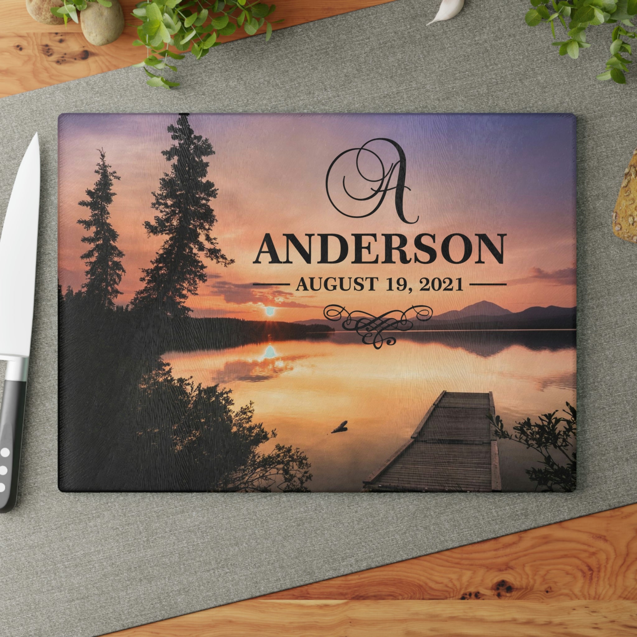 Personalized Lake Sunset Glass Cutting Board – 20 Custom Designs, Tempered Glass, Housewarming, Wedding & Real Estate Gifts - Available in 2 Sizes: 8x11 & 11x15  - DESIGN 10