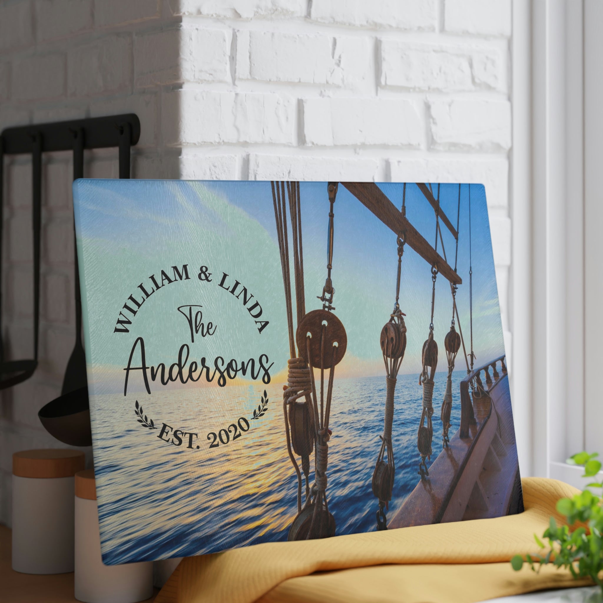 Personalized Ship Rope Tackle Glass Cutting Board – 20 Custom Designs, Tempered Glass, Housewarming, Wedding & Real Estate Gifts - Available in 2 Sizes: 8x11 & 11x15 - DESIGN 13