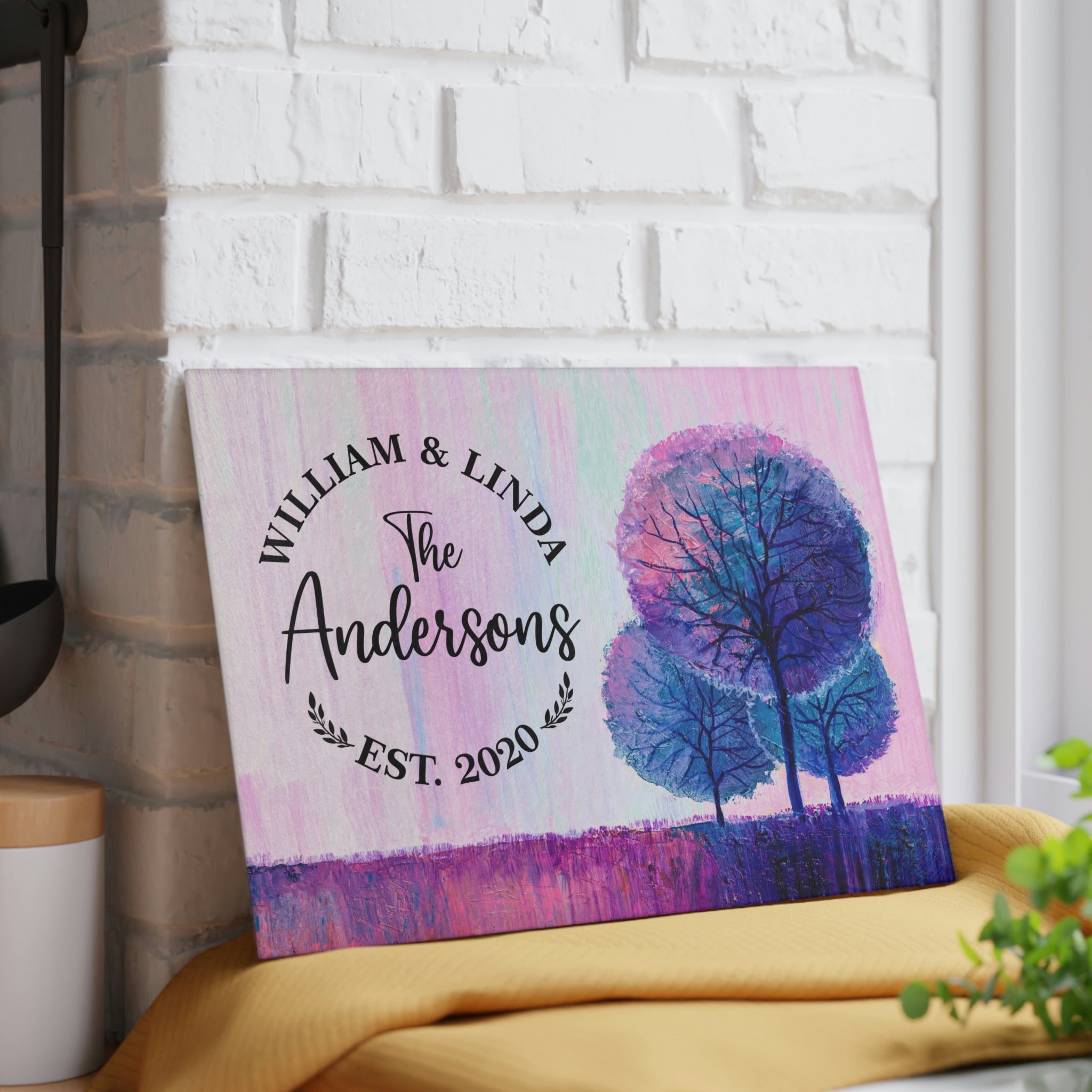 Personalized Purple Trees Glass Cutting Board – 20 Custom Designs, Tempered Glass, Housewarming, Wedding & Real Estate Gifts - Available in 2 Sizes: 8x11 & 11x15  - DESIGN 5