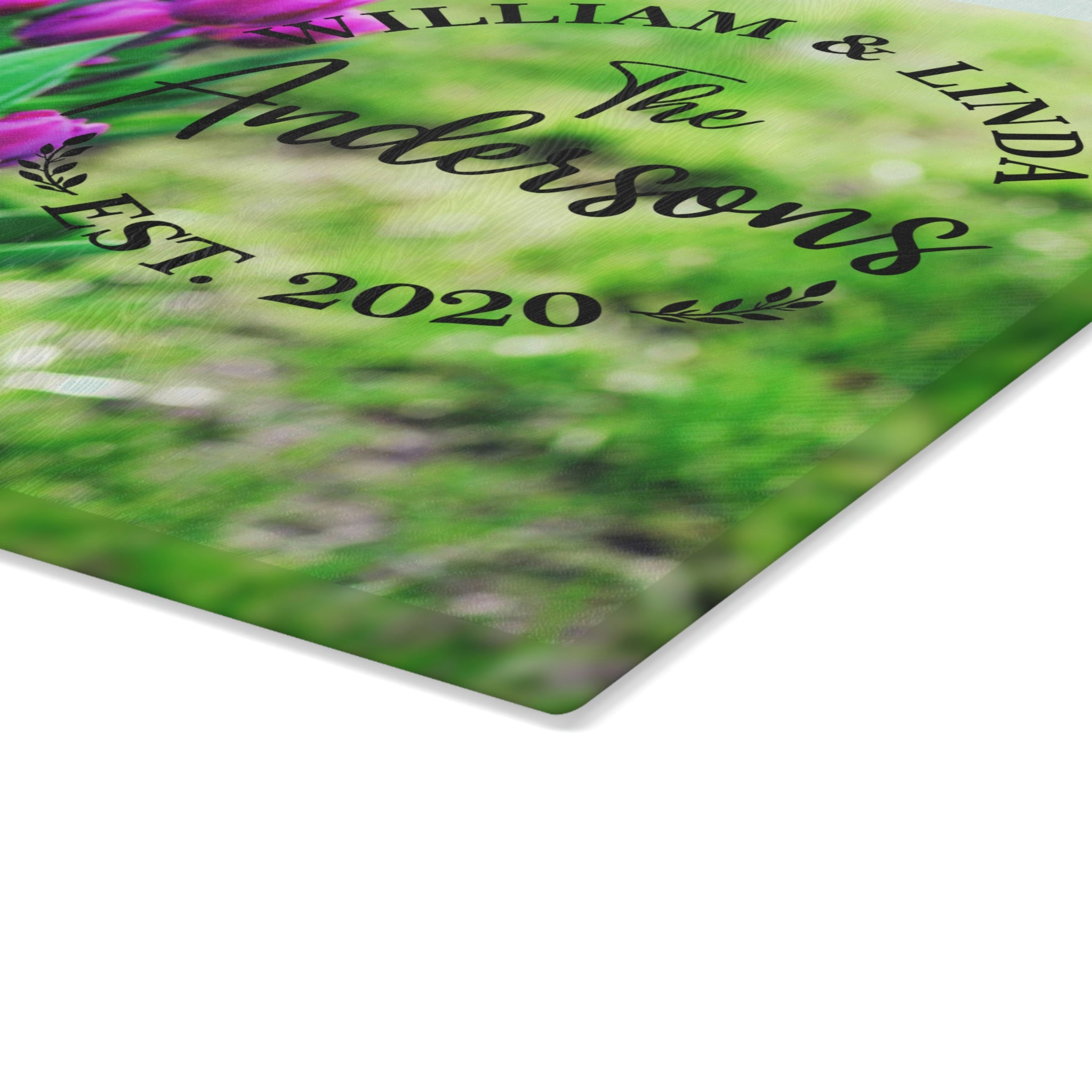 Personalized Purple Tulips Glass Cutting Board – 20 Custom Designs, Tempered Glass, Housewarming, Wedding & Real Estate Gifts - Available in 2 Sizes: 8x11 & 11x15  - DESIGN 19