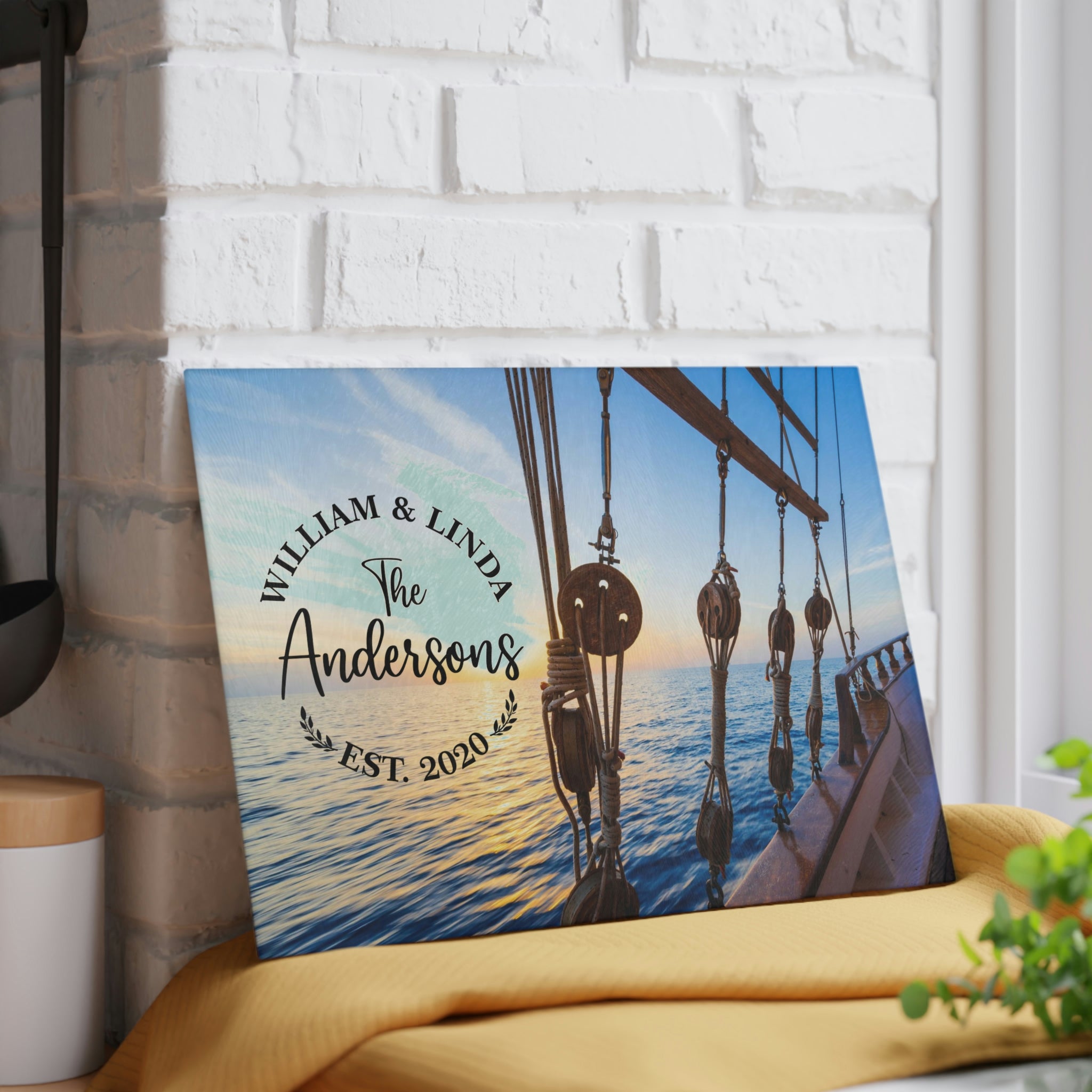 Personalized Ship Rope Tackle Glass Cutting Board – 20 Custom Designs, Tempered Glass, Housewarming, Wedding & Real Estate Gifts - Available in 2 Sizes: 8x11 & 11x15 - DESIGN 13